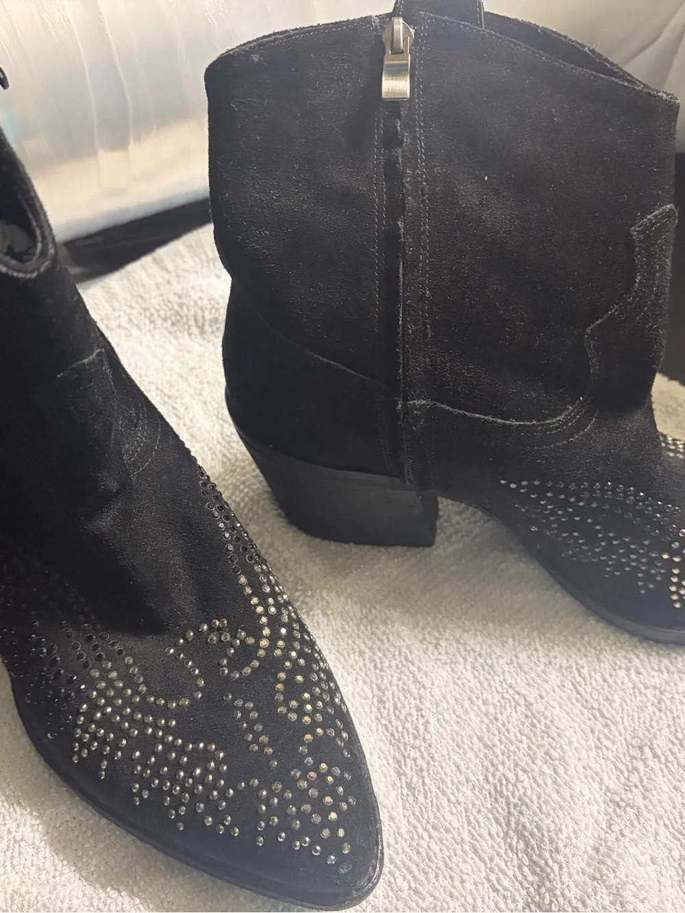 Black Studded Suede Western-Inspired Ankle Boots Reba